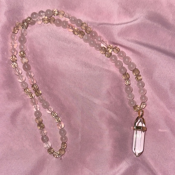 Rosé Champagne Necklace (Rose Quartz, Cream Crystal and Clear Quartz Pendant) - Picture 4 of 6